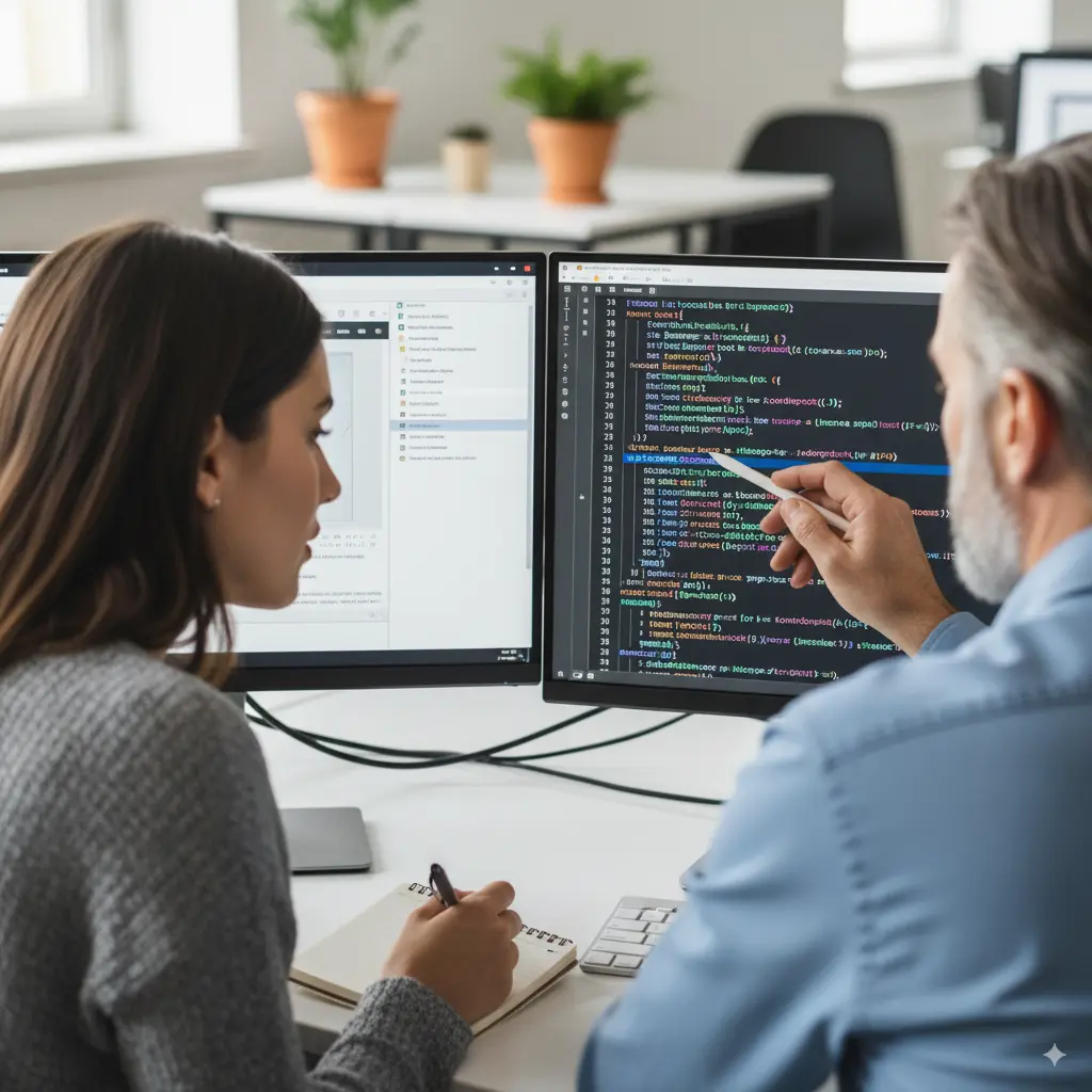 An expert from Database School providing one-on-one mentorship on a complex SQL query, reflecting our commitment to education.