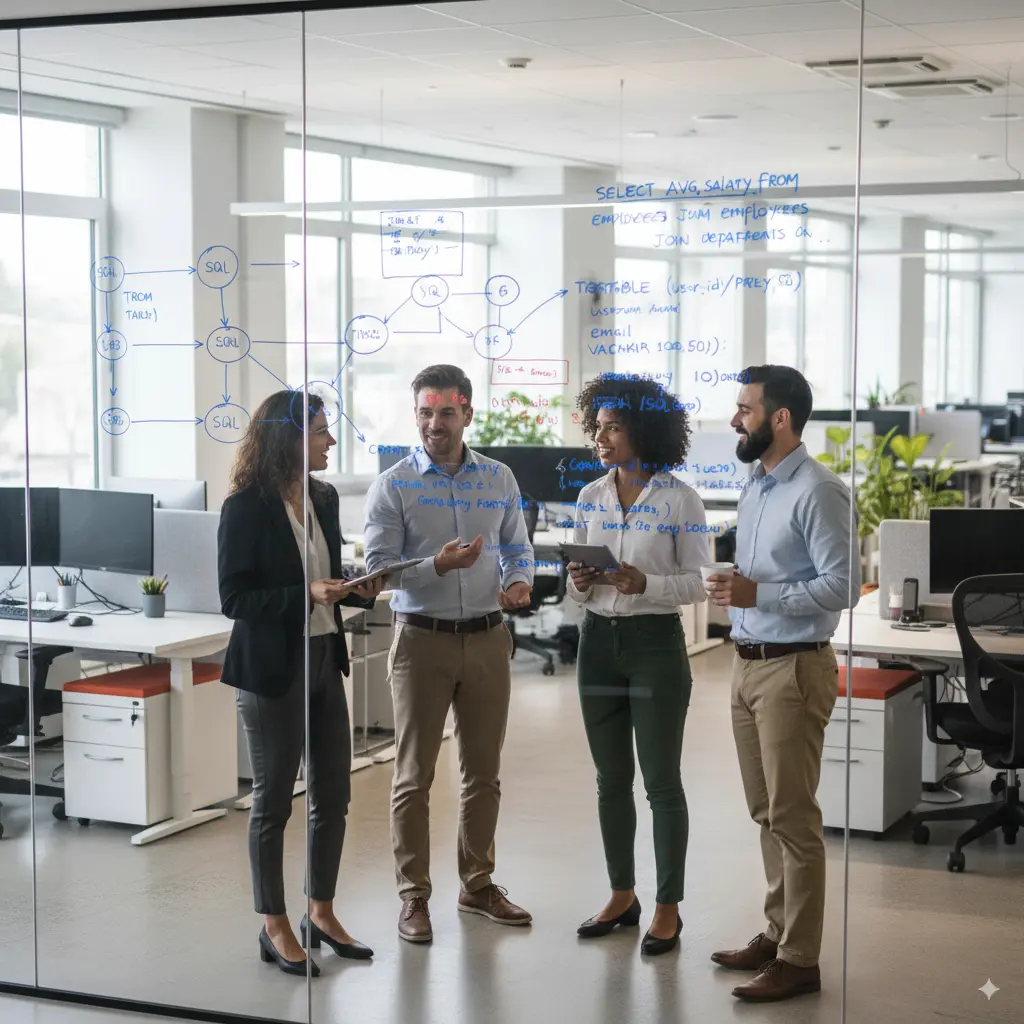 The Database School team collaborating on a complex database architecture plan, showcasing our hands-on expertise.